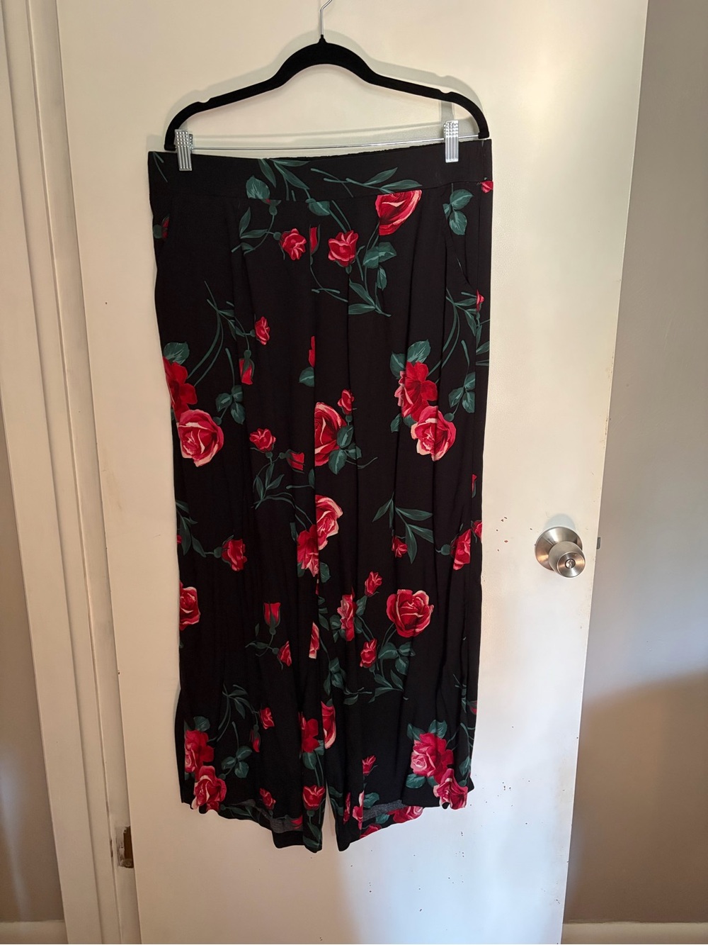 Black Floral Pants with Red Rose Print